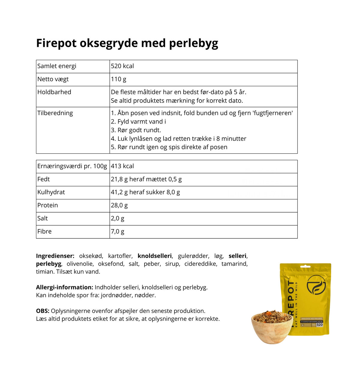 Firepot frysetørret turmad oksegryde med perlebyg ingredienser 