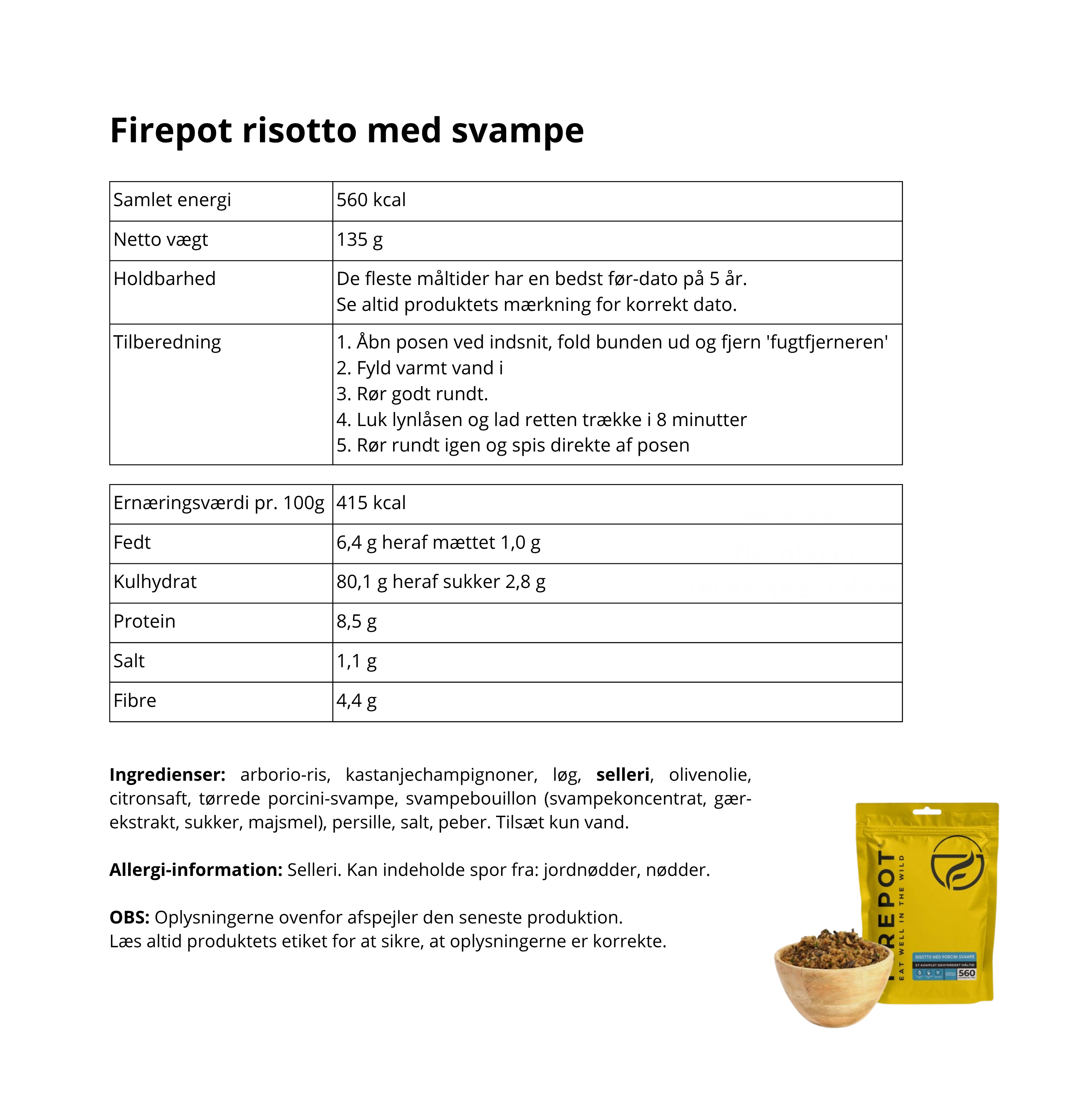 Firepot frysetørret turmad risotto med svampe  indhold 